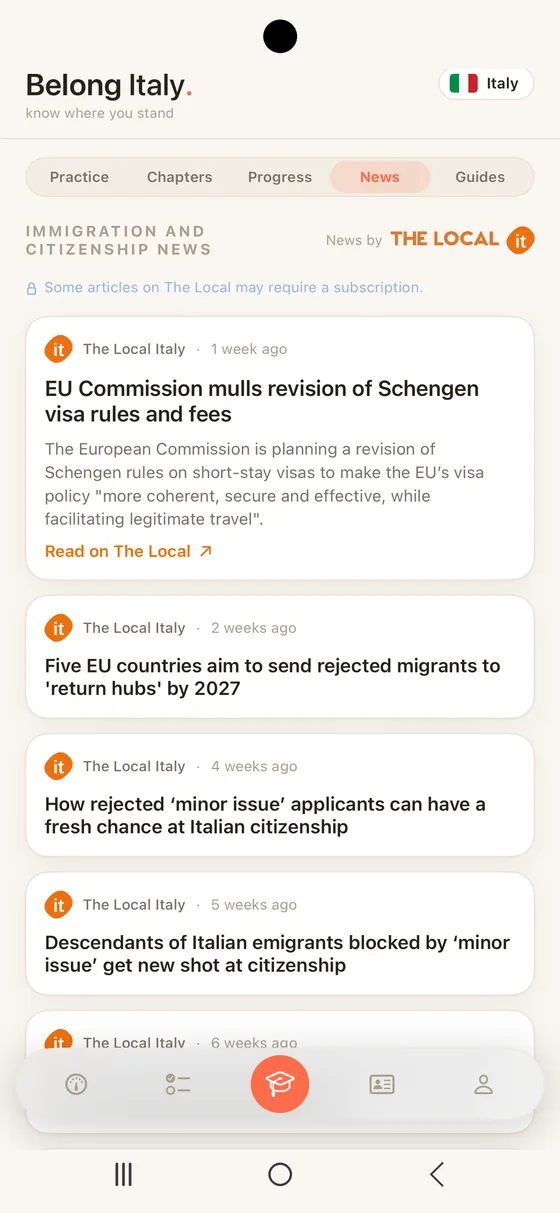 Belong Italy News segment on Android with immigration and citizenship stories from The Local Italy