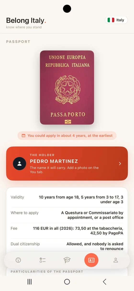 Belong Italy Passport tab on Android with the Italian passport cover and the holder's name