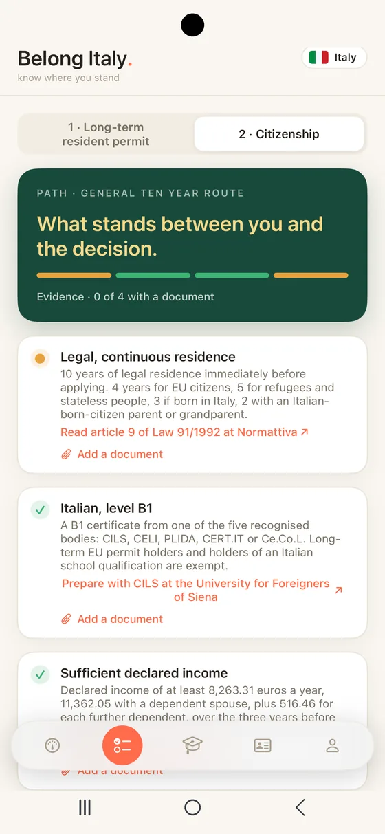 Belong Italy Path tab on Android with the two stages, the long-term resident permit and citizenship, and every requirement for citizenship by residence