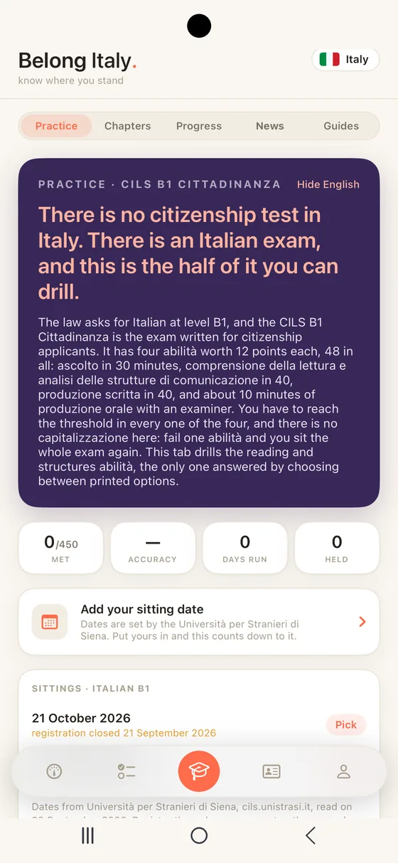 Belong Italy Practice tab on Android: the CILS B1 Cittadinanza and the sittings with the day registration closes