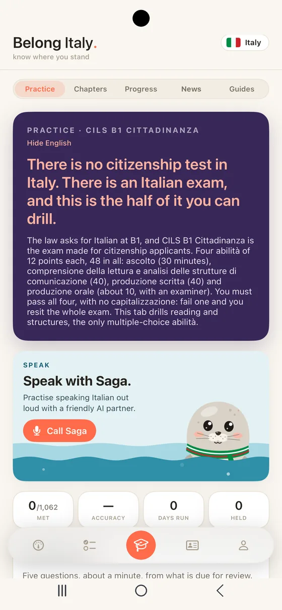 Belong Italy on Android: the Practice tab with Saga in her box of water and a Call Saga button