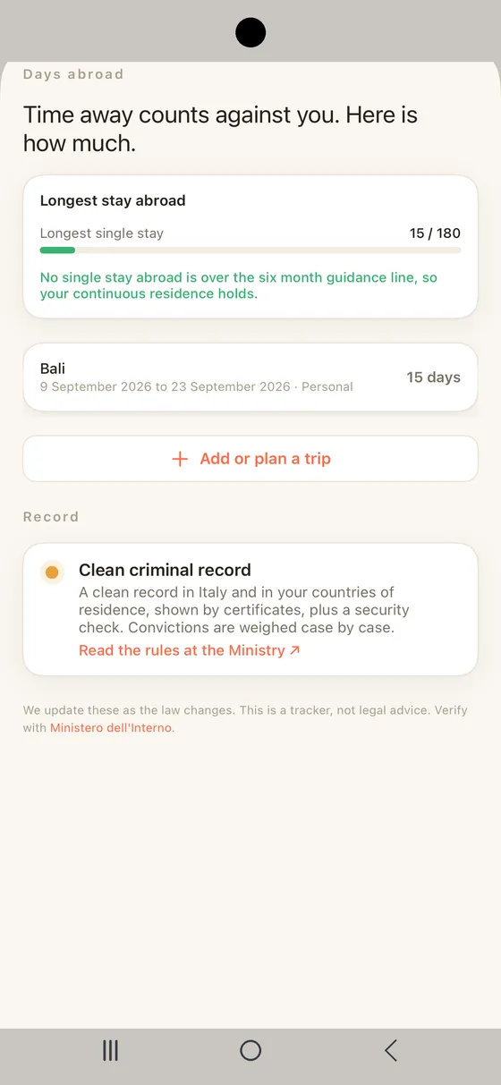 Belong Italy Days abroad on Android measuring the longest stay abroad against the six month guidance line
