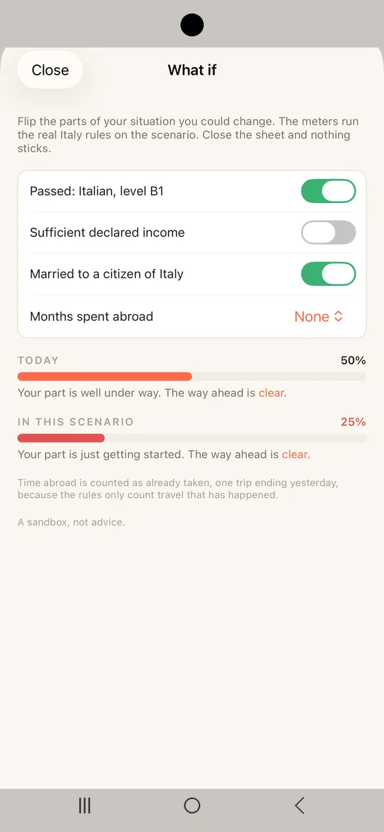 Belong Italy What if sheet on Android running a scenario