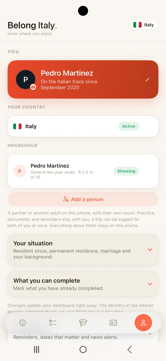 Belong Italy You tab on Android with the Household section: a second person on the same phone
