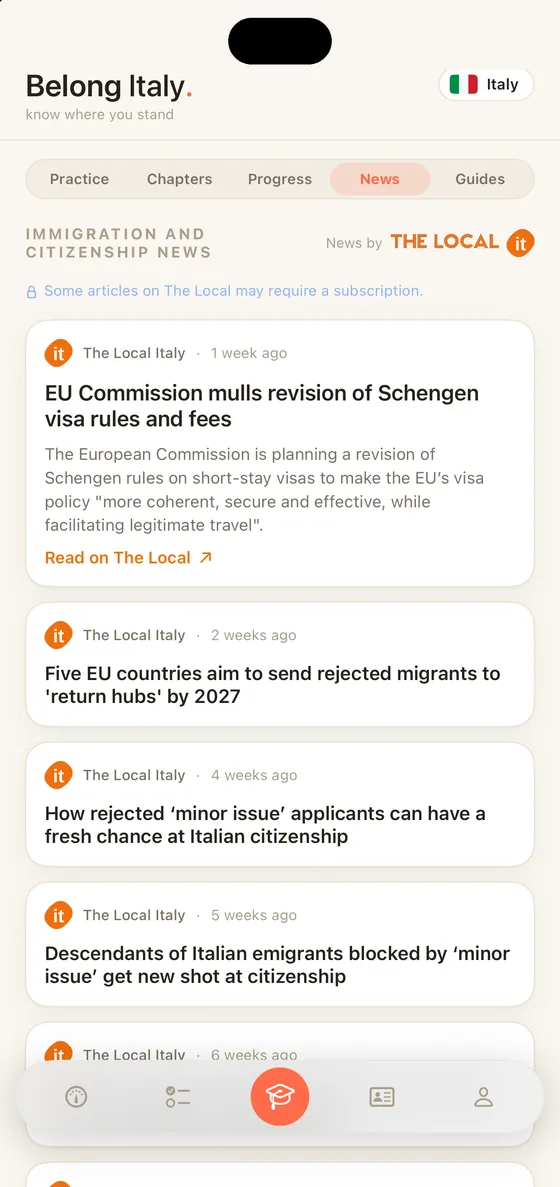 Belong Italy News segment on iPhone with immigration and citizenship stories from The Local Italy