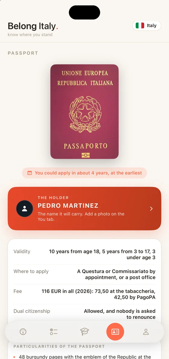 Belong Italy Passport tab on iPhone with the Italian passport cover and the holder's name