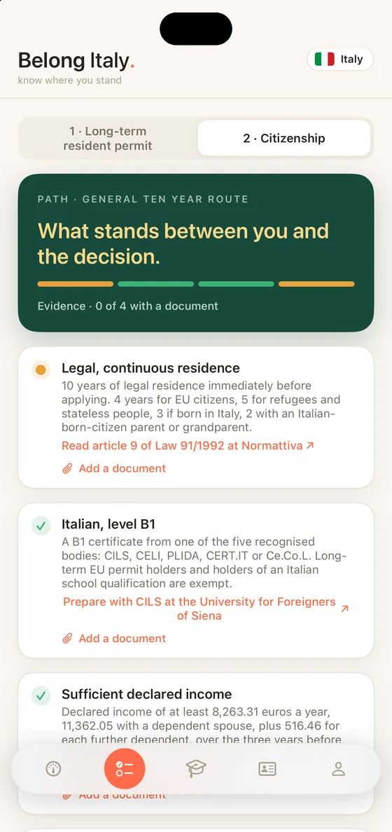 Belong Italy Path tab on iPhone with the two stages, the long-term resident permit and citizenship, and every requirement for citizenship by residence