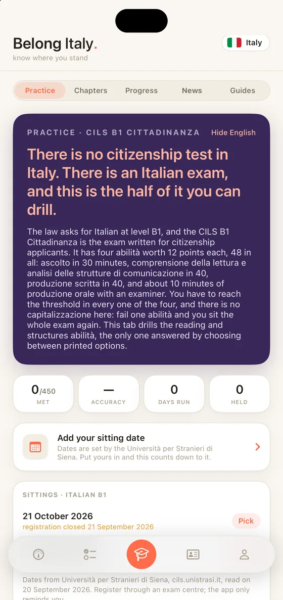 Belong Italy Practice tab on iPhone: the CILS B1 Cittadinanza and the sittings with the day registration closes