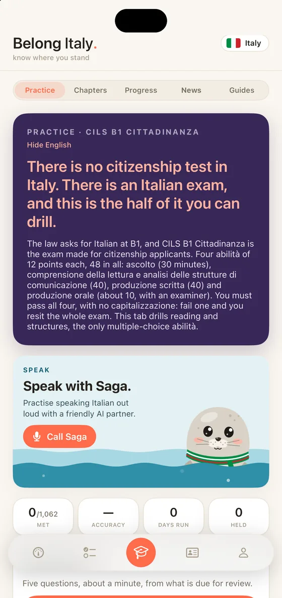 Belong Italy on iPhone: the Practice tab with Saga in her box of water and a Call Saga button
