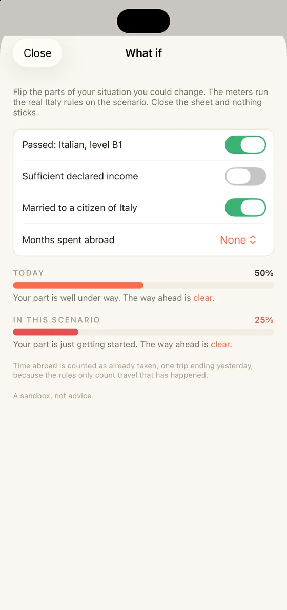 Belong Italy What if sheet on iPhone running a scenario