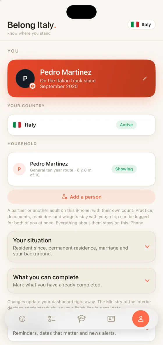 Belong Italy You tab on iPhone with the Household section: a second person on the same phone